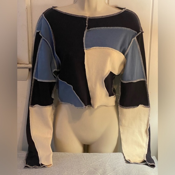 Nasty Gal NWOT patchwork long sleeve ribbed cotton sweater navy,blue,cream, M - Picture 1 of 7